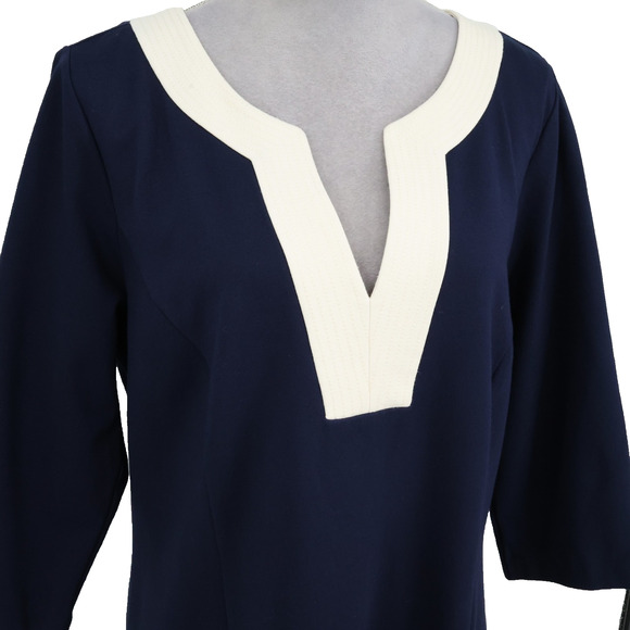 Talbots Dress Plus Size 16W Navy Blue Ivory Stretch Knit Back Zip Midi Career - Picture 8 of 14